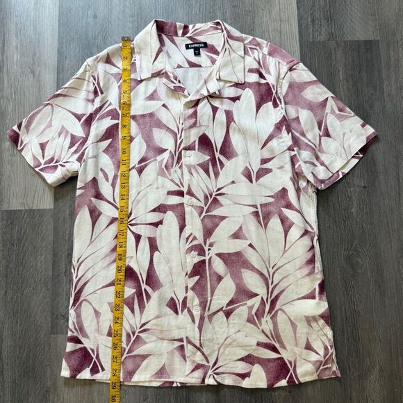 Express Men’s Hawaiian Linen Shirt Medium Wine Tropical White Maroon - Picture 6 of 7